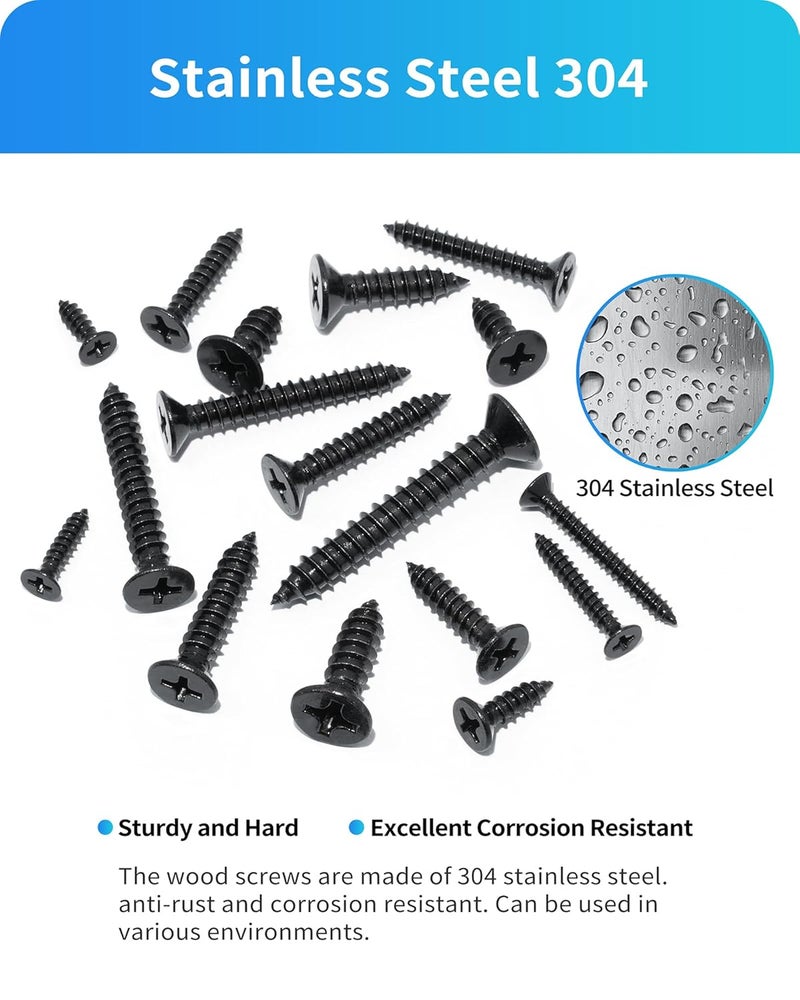 DIVANC 550Pcs 304 Stainless Steel Wood Screws Assortment Kit, Phillips Flat Head Sheet Metal Screws Self Tapping Screws Set, #4#6#8#10#12 Wood Assorted Screw (Black-Flat Head 550PCS) - Image 4